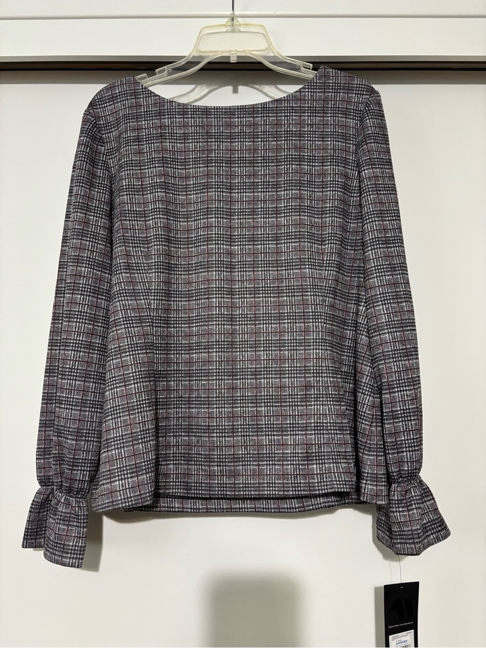 Nine West Plaid Boatneck Blouse in Gray and Burgundy